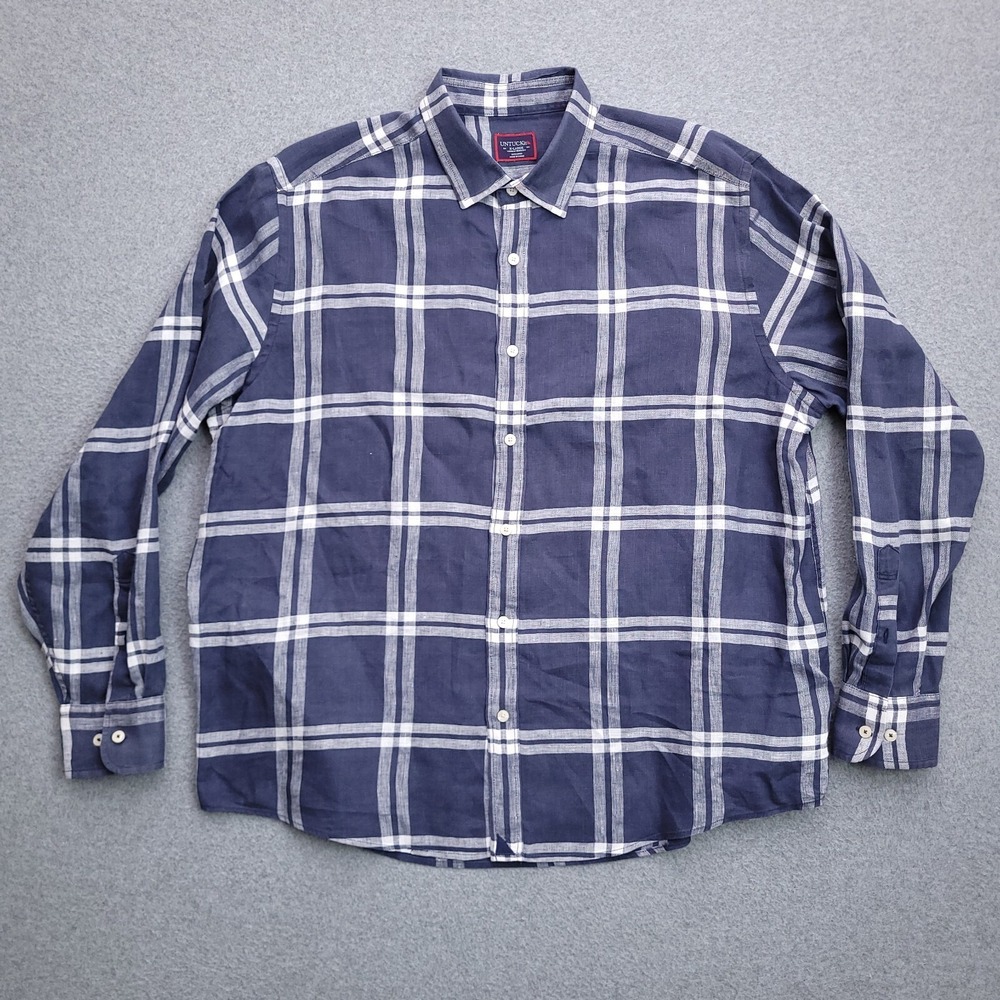 UNTUCKit Button Up Shirt XL All 100% Linen Wrinkle Resistant Blue Plaid Mens